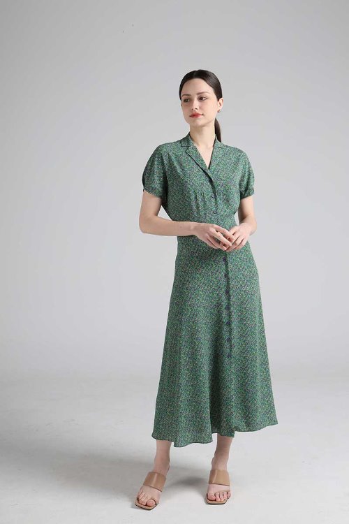 スペシャルパターンピクニック半袖ロングドレス(グリーン)