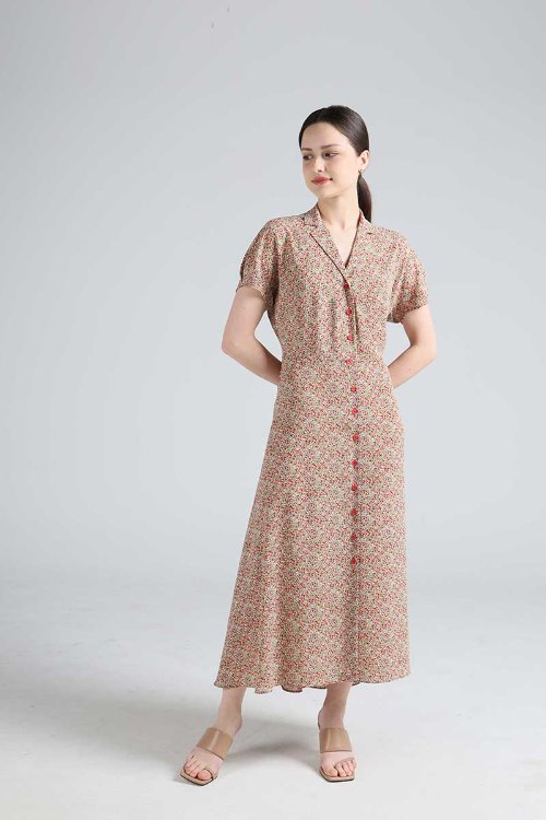 Special Pattern Picnic Short-Sleeved Long Dress (Red)