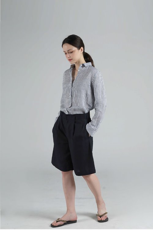 High-waist Bermuda Pants (Hot Summer Linen 100% Side Block Half-Pants)
