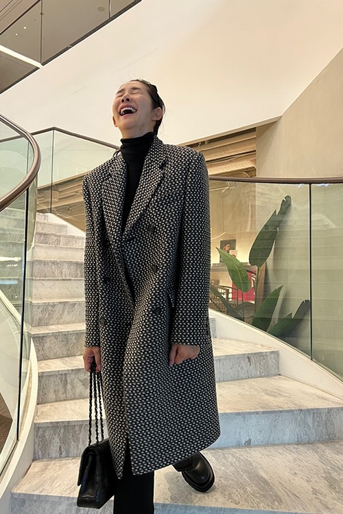 Super Fine Wool Double Coat Ebony Checkered