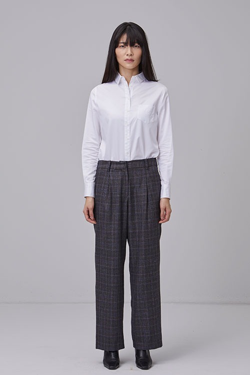 高密度羊毛 100% MX 裤子 (一片 宽腿 长款 裤子) 灰色 格子